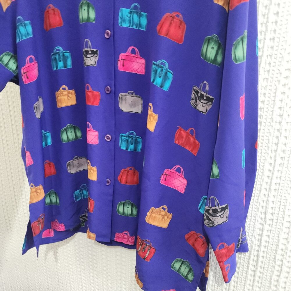 Vintage Maggie McNaughton handbag print colorful button up blouse Purple 3X - Picture 4 of 12